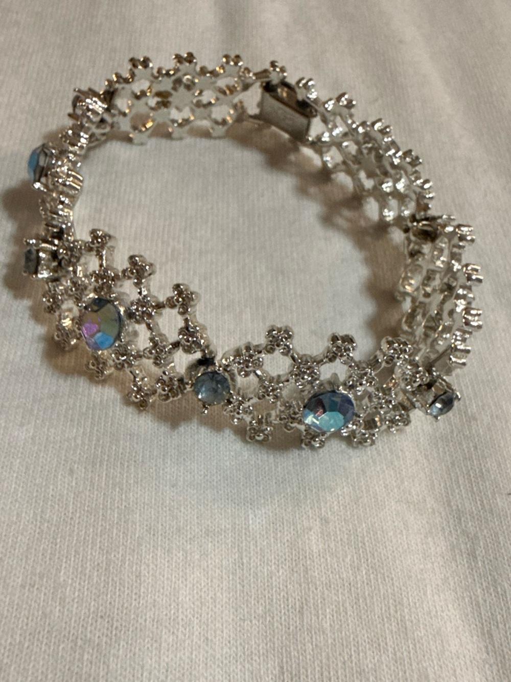 Vintage Coro Signed Blue Aurora Borealis Rhinestone Link Bracelet Silver Tone